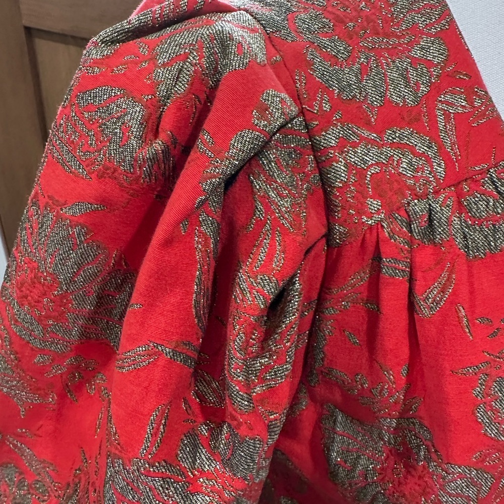 Happy x Nature Red & Gold Brocade Wrap Dress Size 8 Puff Sleeve Holiday - Picture 4 of 11